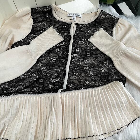 NEW Sigrid Olsen Silk Wool Peplum Flutter Lace Bead Cardigan Sweater Y2K XS NWT - Picture 10 of 16